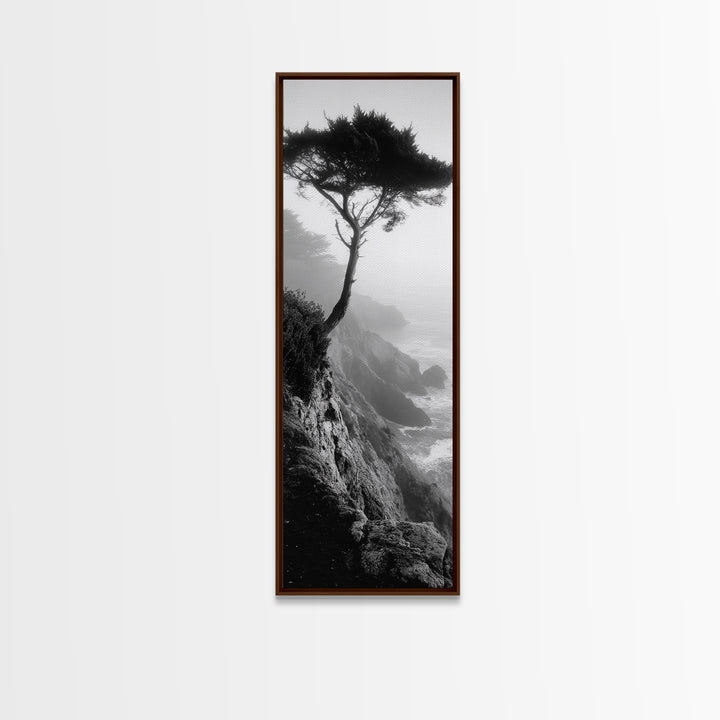Coastal Tree, Cliff View, Ocean Mist, Moody Landscape, Canvas Print, Serene Bedroom Art, Monochrome Nature Photography Style
