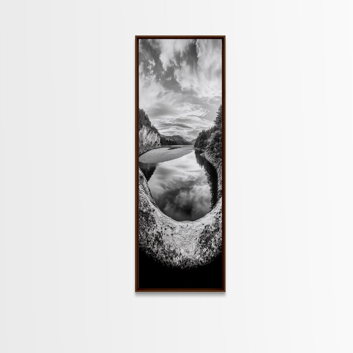 Black and White River, Forest Nature Scene, Reflection Wall Art, Framed Canvas Print, Neutral Landscape, Minimalist Bedroom Decor