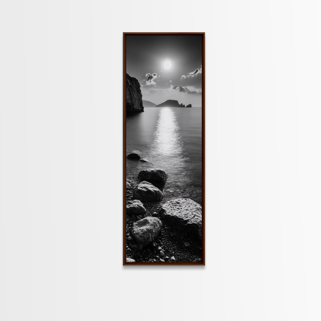 Moonlight Ocean View, Coastal Photography Art, Seascape Print, Framed Canvas Print, Bathroom Wall Art, Neutral Beach Decor