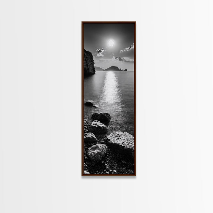 Moonlight Ocean View, Coastal Photography Art, Seascape Print, Framed Canvas Print, Bathroom Wall Art, Neutral Beach Decor