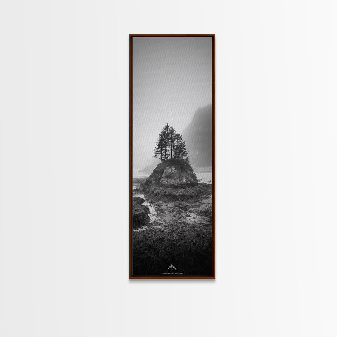 Foggy Island Trees, Pacific Northwest Nature, Moody Wall Art, Framed Canvas Print, Rustic Cabin Decor, Minimalist Forest Print