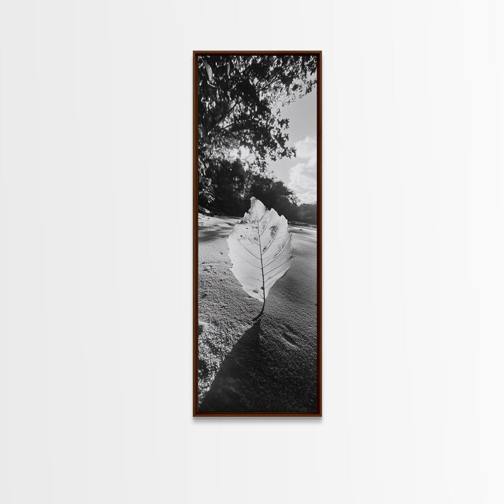 Autumn Leaf Beach, Fall Nature Scene, Minimal Wall Decor, Framed Canvas Print, Seasonal Bedroom Art, Black and White Photography