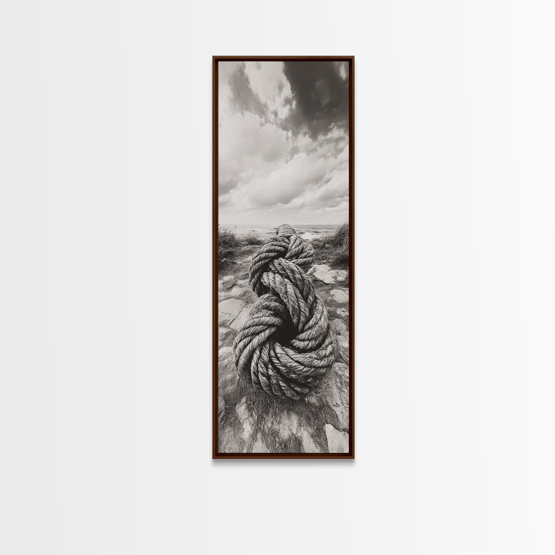 Nautical Rope Knot, Coastal Texture Art, Ocean Beach Photography, Framed Canvas Print, Rustic Entryway Wall Decor, Marine Style