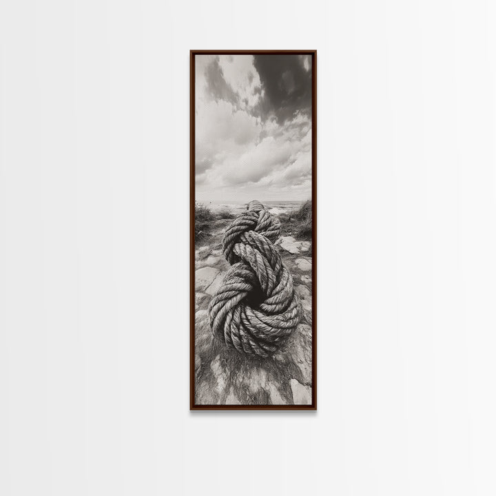 Nautical Rope Knot, Coastal Texture Art, Ocean Beach Photography, Framed Canvas Print, Rustic Entryway Wall Decor, Marine Style
