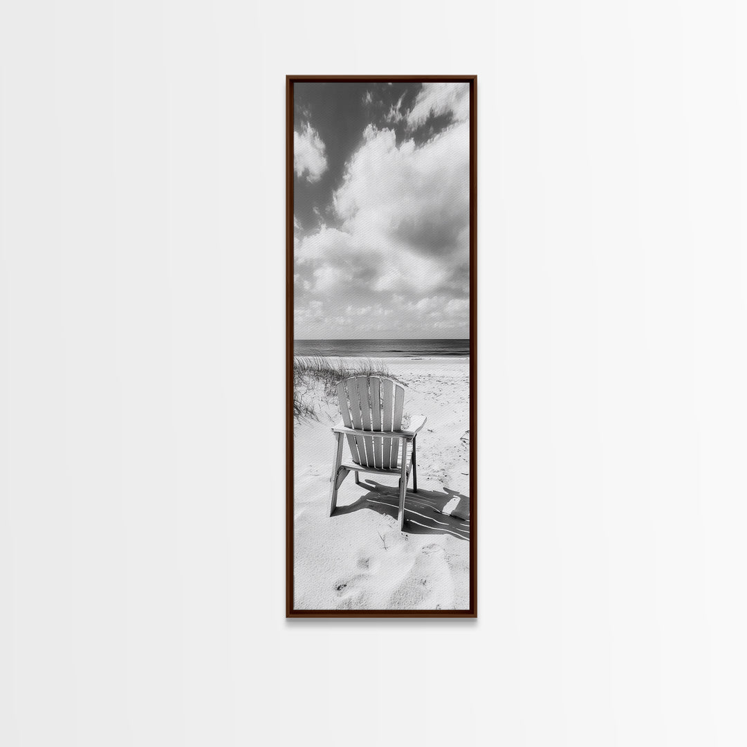 Ocean View Chair, Sandy Dunes, Seaside Retreat, Minimalist Beach, Calm Vibes, Framed Canvas Print, Bedroom Wall Art, Coastal Cottage Style