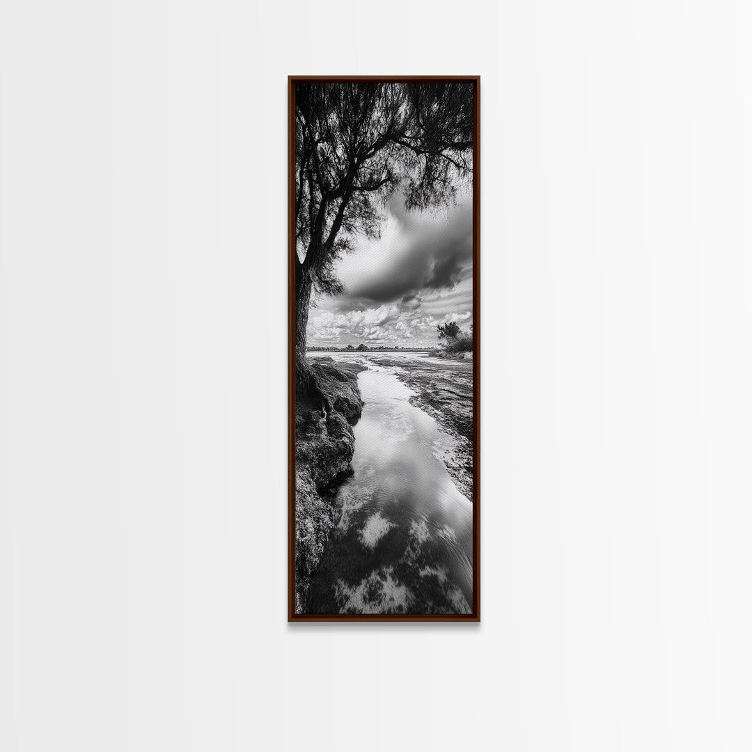 River Through Trees, Tranquil Forest Stream, Reflective Nature Art, Framed Canvas Print, Zen Living Room Wall Decor, Calm Scene