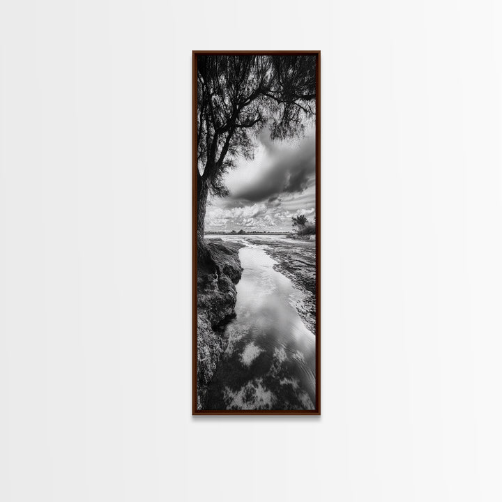 River Through Trees, Tranquil Forest Stream, Reflective Nature Art, Framed Canvas Print, Zen Living Room Wall Decor, Calm Scene