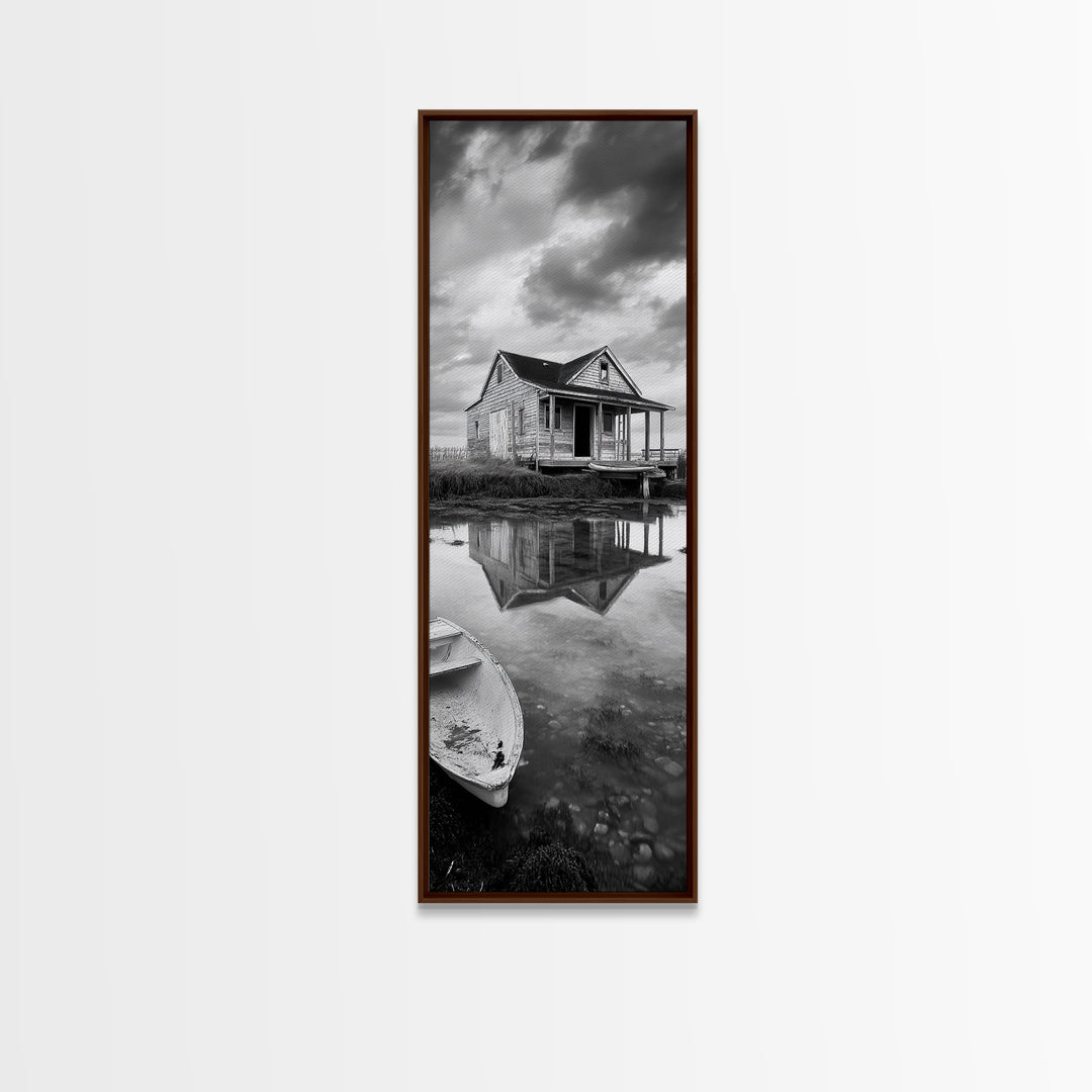 Weathered House, Abandoned Shack, Reflection Lake, Framed Canvas Print, Rustic cabin wall art, Fall entryway decor, Moody farmhouse aesthetic