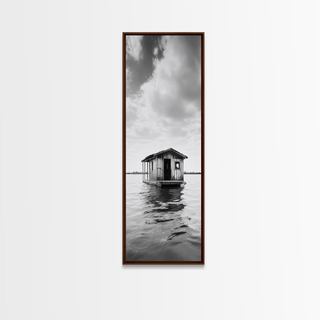 Floating Cabin, Water House, Tranquil Escape, Framed Canvas Print, Serene lake house wall art, Cabin decor, Nature minimalist bathroom print
