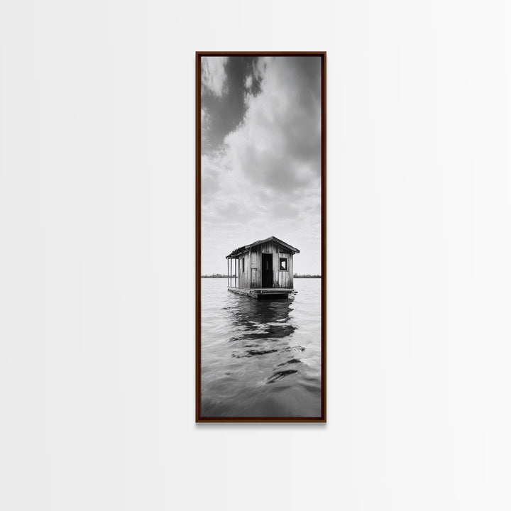 Floating Cabin, Water House, Tranquil Escape, Framed Canvas Print, Serene lake house wall art, Cabin decor, Nature minimalist bathroom print