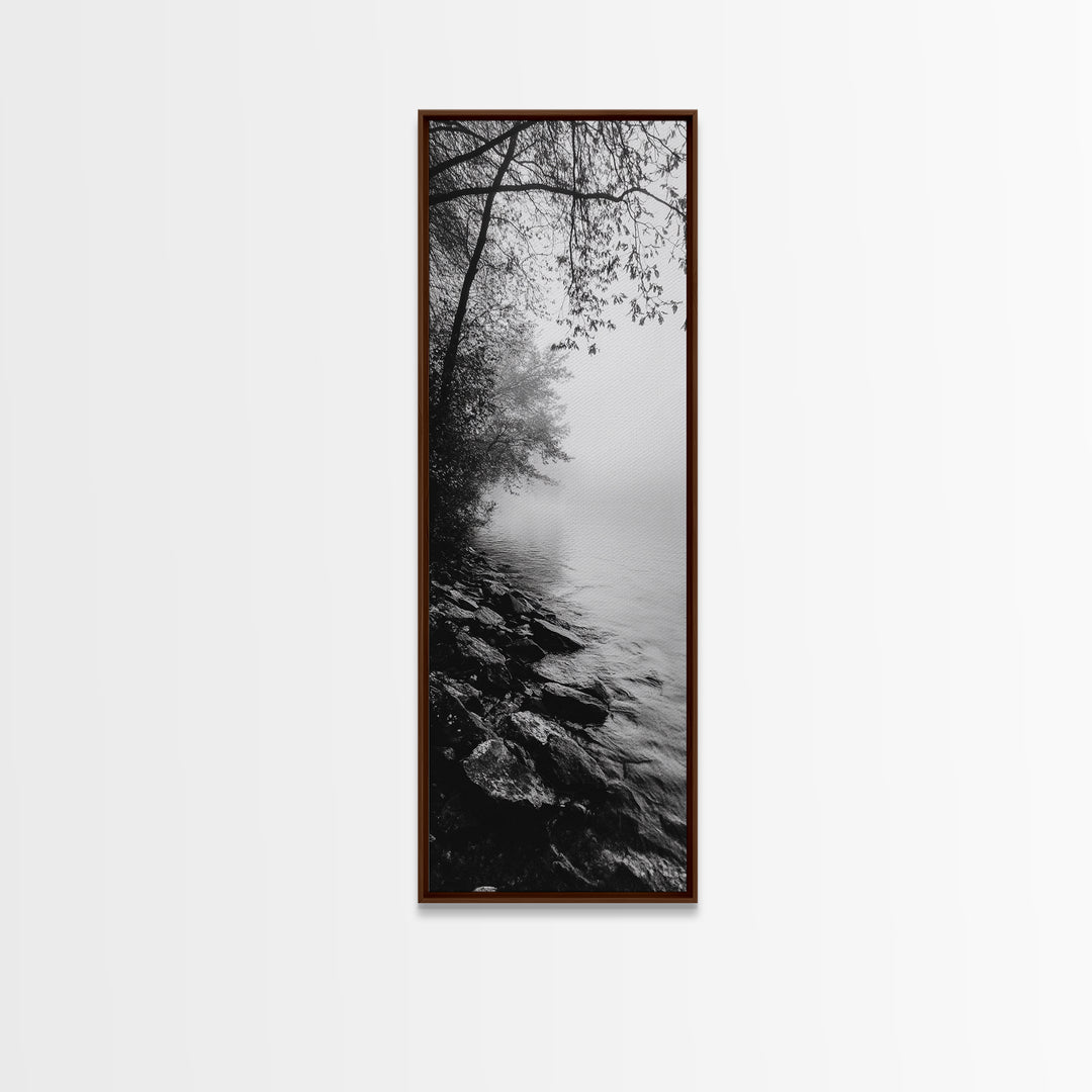 Lakeside Mist, Rocky Shoreline, Tranquil Forest, Framed Canvas Print, Peaceful woodland wall art, Fall neutral decor, Nature themed office print