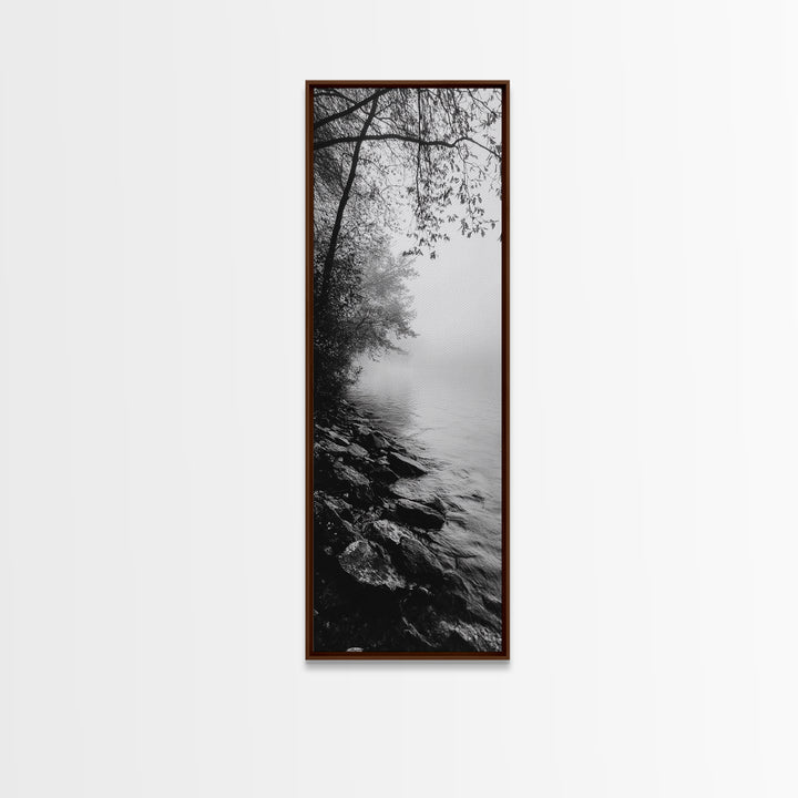 Lakeside Mist, Rocky Shoreline, Tranquil Forest, Framed Canvas Print, Peaceful woodland wall art, Fall neutral decor, Nature themed office print