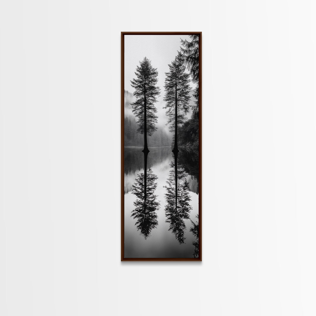 Twin Pines, Forest Reflection, Misty Lake, Black and White Nature, Framed Canvas Print, Living Room Wall Art, Nature Photography, Zen Decor