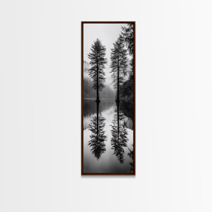 Twin Pines, Forest Reflection, Misty Lake, Black and White Nature, Framed Canvas Print, Living Room Wall Art, Nature Photography, Zen Decor