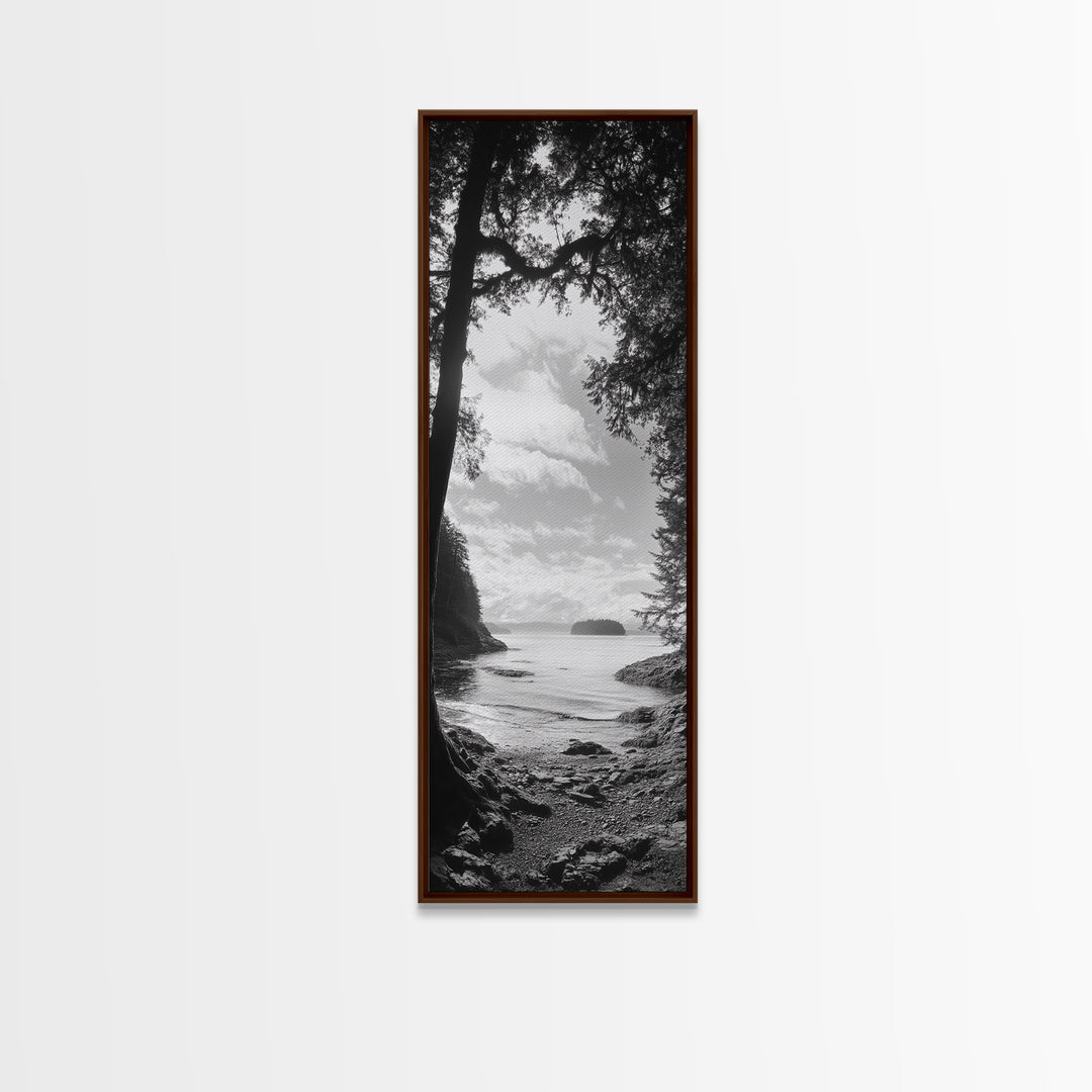 Island View, Forest Coastline, Secluded Shore, Tranquil Ocean Scene, Canvas Print, Boho Decor, Entryway Wall Art, Nature Wall Aesthetic