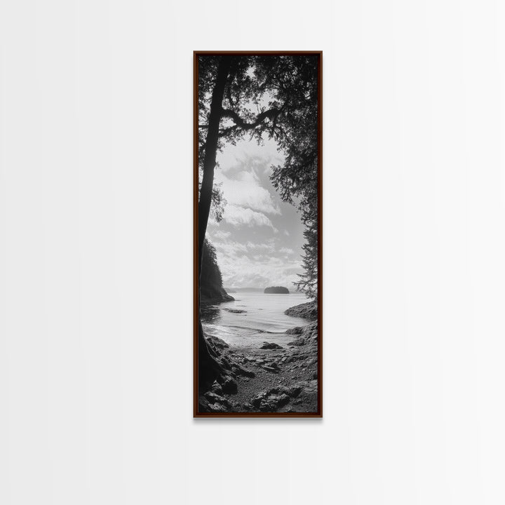 Island View, Forest Coastline, Secluded Shore, Tranquil Ocean Scene, Canvas Print, Boho Decor, Entryway Wall Art, Nature Wall Aesthetic