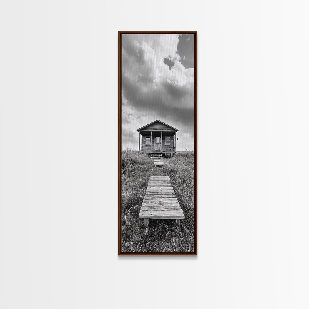 Rustic Cabin, Country Path, Prairie Landscape, Black and White Photo, Framed Canvas Print, Farmhouse Wall Art, Autumn Decor, Nature Style