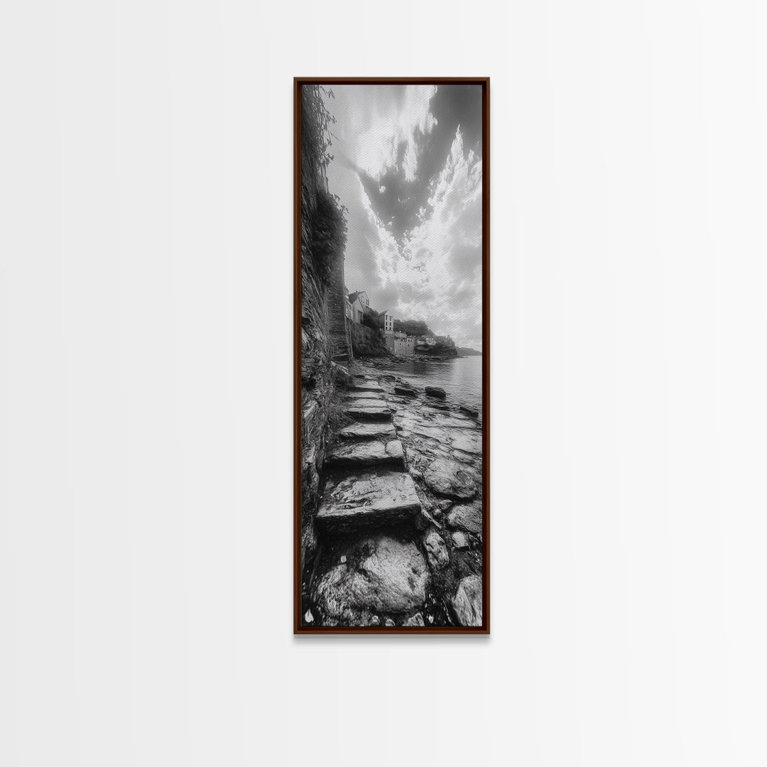 Cliffside Village, Stone Path, Seaside Escape, Dreamy Landscape, Canvas Print, Living Room Wall Art, Romantic Wall Decor, Monochrome Style