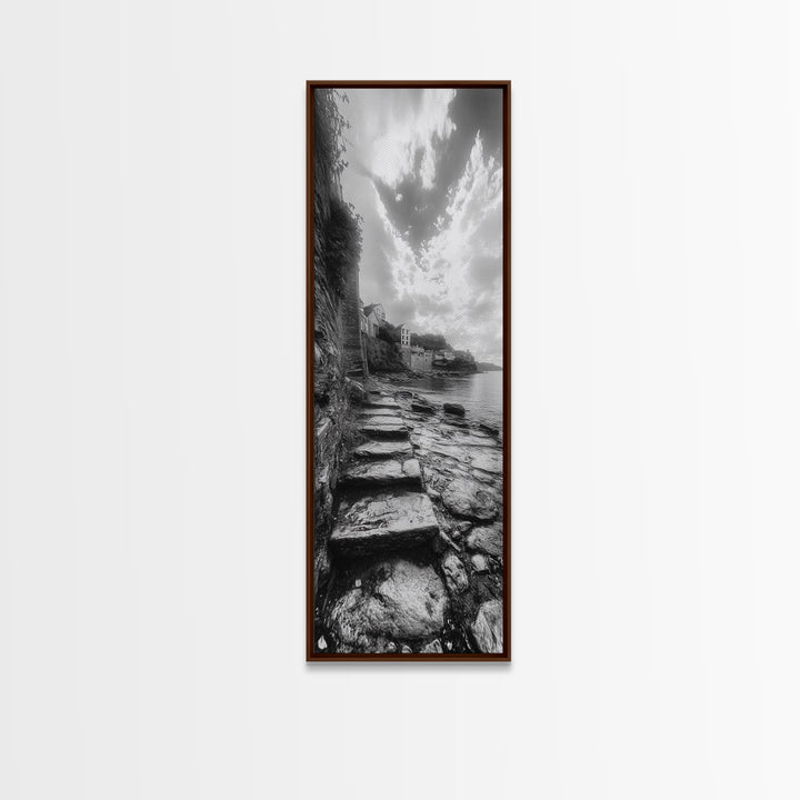 Cliffside Village, Stone Path, Seaside Escape, Dreamy Landscape, Canvas Print, Living Room Wall Art, Romantic Wall Decor, Monochrome Style