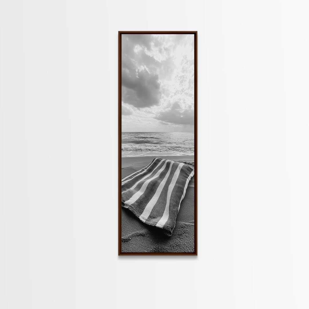 Beach Towel View, Ocean Breeze, Seaside Calm, Striped Blanket, Relaxation Mood, Framed Canvas Print, Bathroom Wall Art, Minimalist Coastal Art