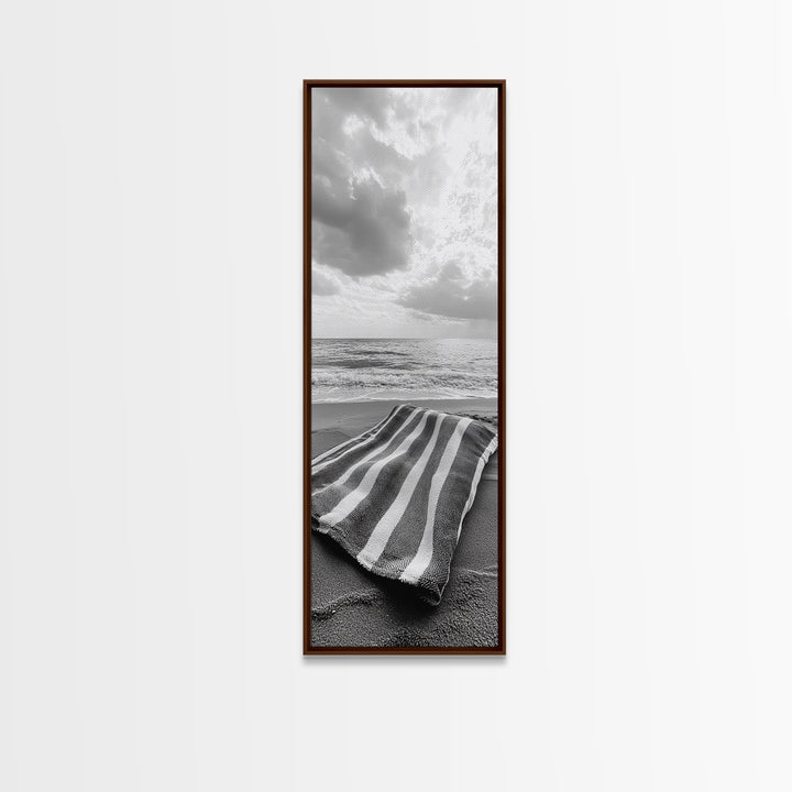 Beach Towel View, Ocean Breeze, Seaside Calm, Striped Blanket, Relaxation Mood, Framed Canvas Print, Bathroom Wall Art, Minimalist Coastal Art