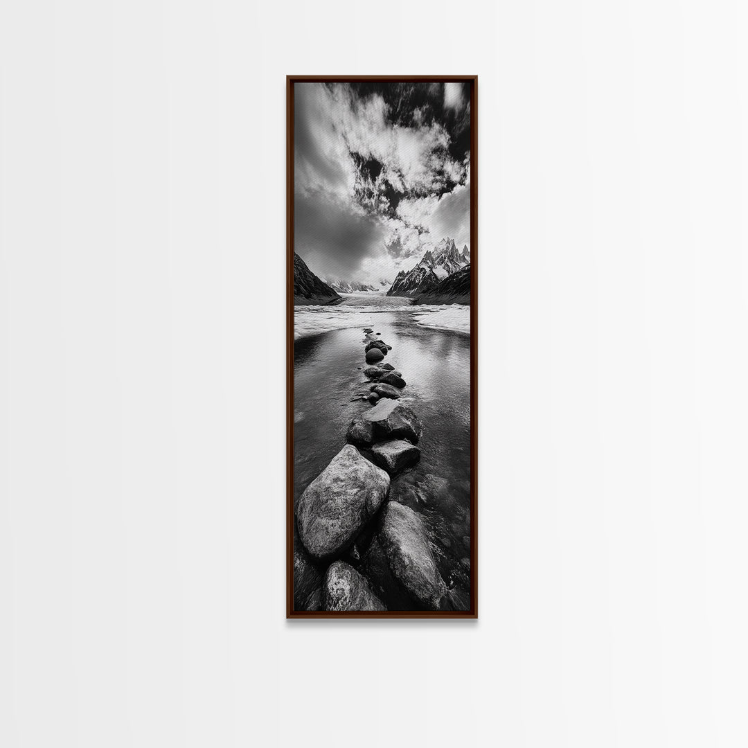 Mountain Stream, Stone Path, Black and White Nature, Scenic Landscape, Framed Canvas Print, Modern Cabin or Rustic Wall Decor, Office Art
