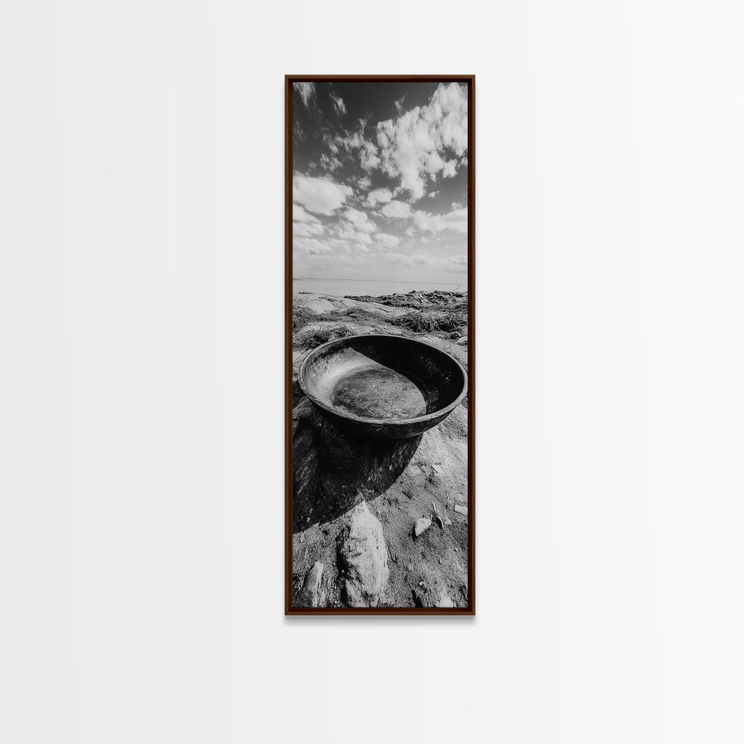 Desert Bowl, Coastal Landscape, Black and White Texture, Minimal Earth Tones, Framed Canvas Print, Rustic Farmhouse Kitchen Wall Art
