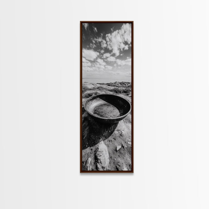 Desert Bowl, Coastal Landscape, Black and White Texture, Minimal Earth Tones, Framed Canvas Print, Rustic Farmhouse Kitchen Wall Art
