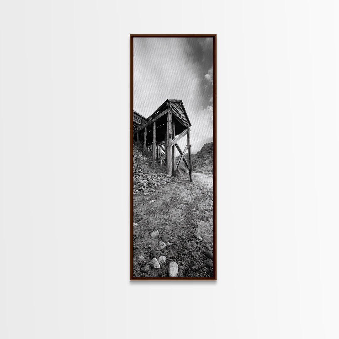 Abandoned Mine, Wooden Structure, Desert Scene, Western Vibes, Black and White Canvas Print, Industrial Rustic Living Room Wall Art