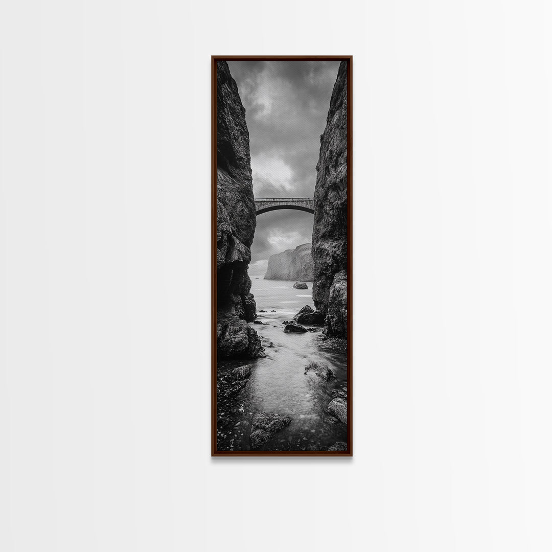 Sea Arch, Cliff Bridge, Coastal Landscape, Dramatic Ocean View, Black and White Framed Canvas Print, Bathroom Art, Hallway Wall Art