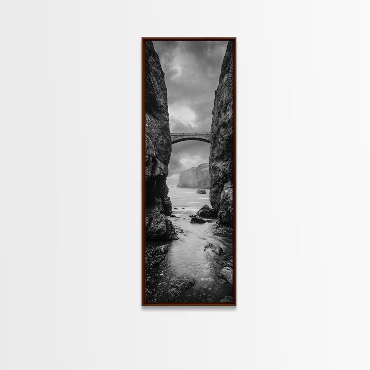 Sea Arch, Cliff Bridge, Coastal Landscape, Dramatic Ocean View, Black and White Framed Canvas Print, Bathroom Art, Hallway Wall Art