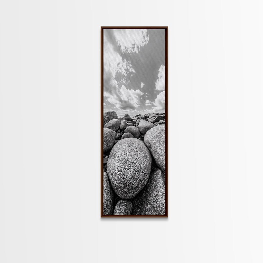 Granite Boulders, Coastal Rocks, Ocean Horizon, Dramatic Clouds, Framed Canvas Print, Nature Wall Art, Modern Beach House Decor