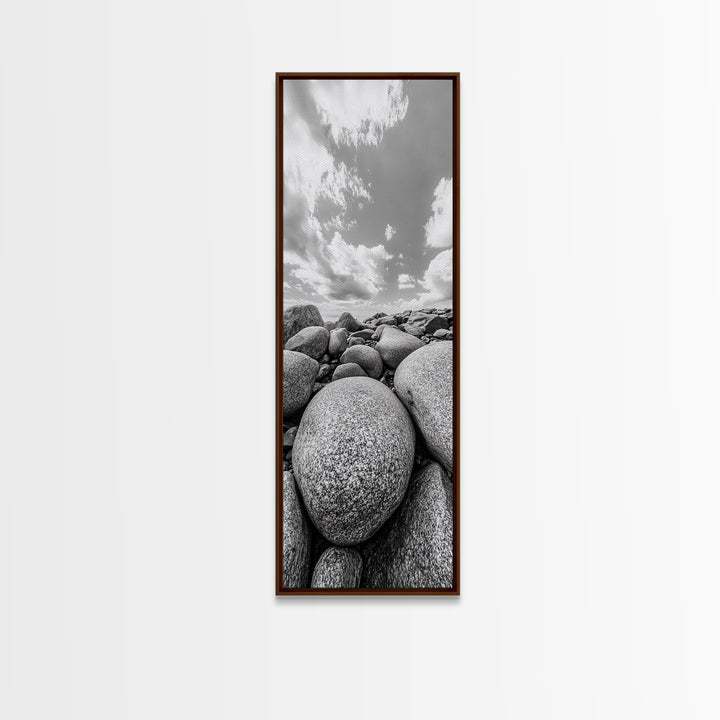 Granite Boulders, Coastal Rocks, Ocean Horizon, Dramatic Clouds, Framed Canvas Print, Nature Wall Art, Modern Beach House Decor