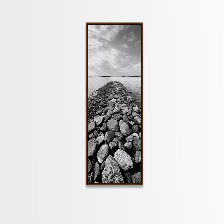 Rocky Jetty, Ocean Horizon, Black and White Seascape, Minimalist Nature, Canvas Print, Neutral Wall Decor, Office Wall Art, Hallway Decor
