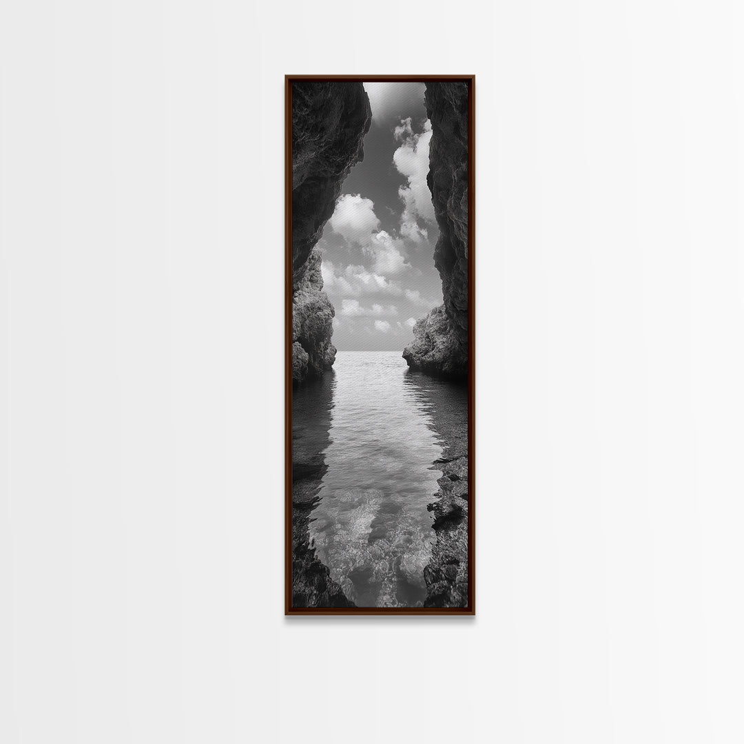 Ocean Cave, Tranquil Waters, Cloudy Sky, Coastal Wall Art, Canvas Print, Black and White Nature Decor, Modern Beach House Wall Art