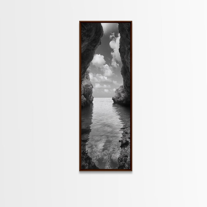 Ocean Cave, Tranquil Waters, Cloudy Sky, Coastal Wall Art, Canvas Print, Black and White Nature Decor, Modern Beach House Wall Art