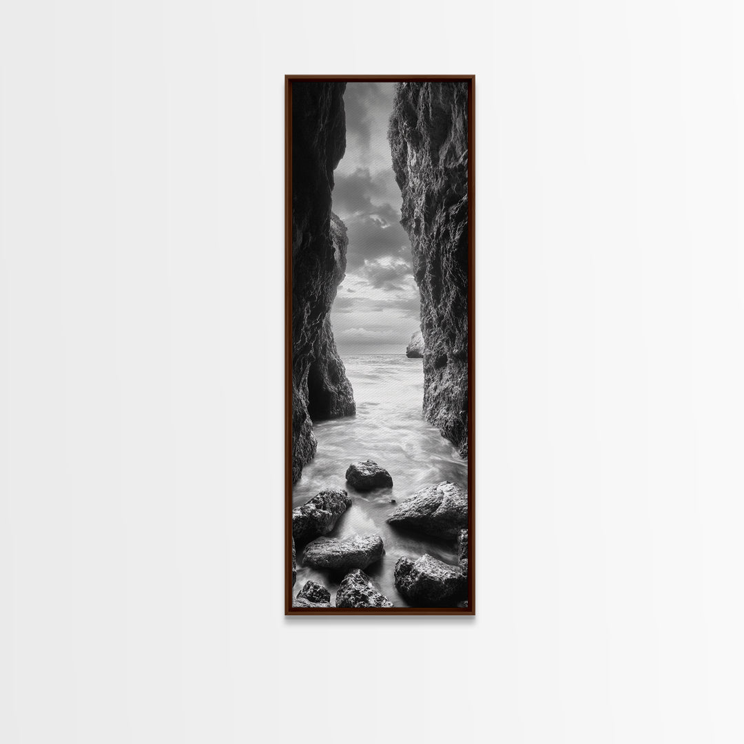 Rocky Passage, Seaside View, Cave Entrance, Dramatic Nature Scene, Framed Canvas Print, Moody Black and White Bedroom Wall Art, Hallway Decor