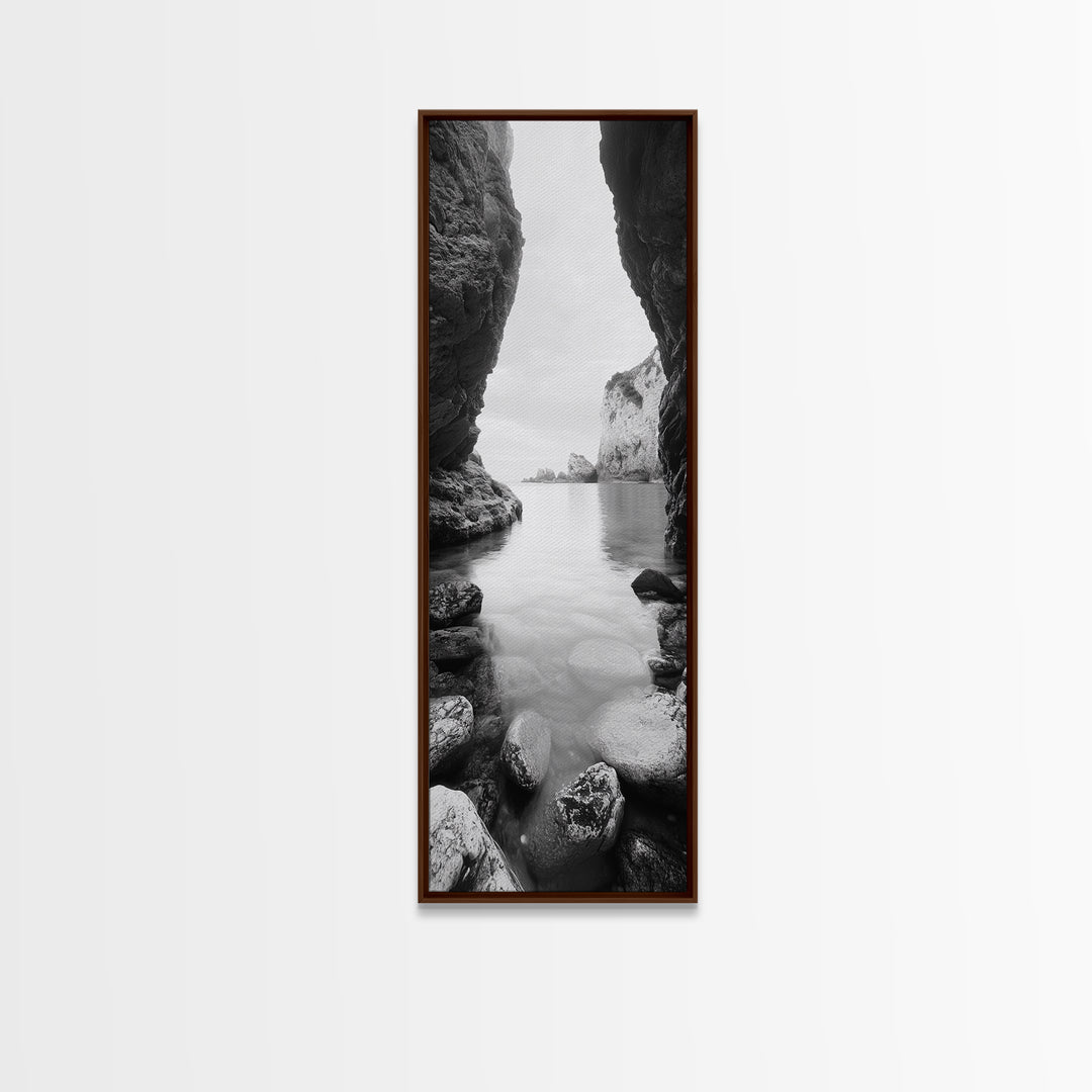 Cliff View, Hidden Bay, Ocean Serenity, Rock Formations, Canvas Print, Black and White Coastal Landscape, Entryway Art, Dining Wall Art