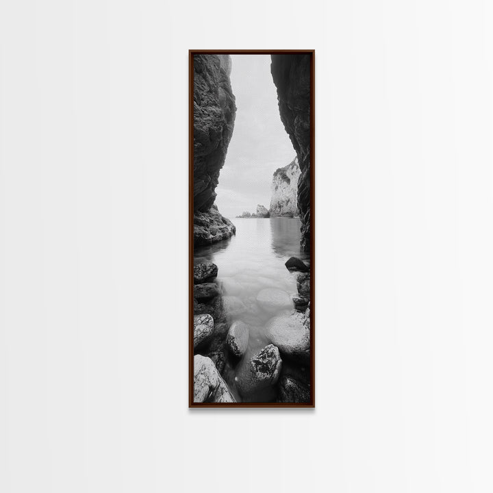 Cliff View, Hidden Bay, Ocean Serenity, Rock Formations, Canvas Print, Black and White Coastal Landscape, Entryway Art, Dining Wall Art