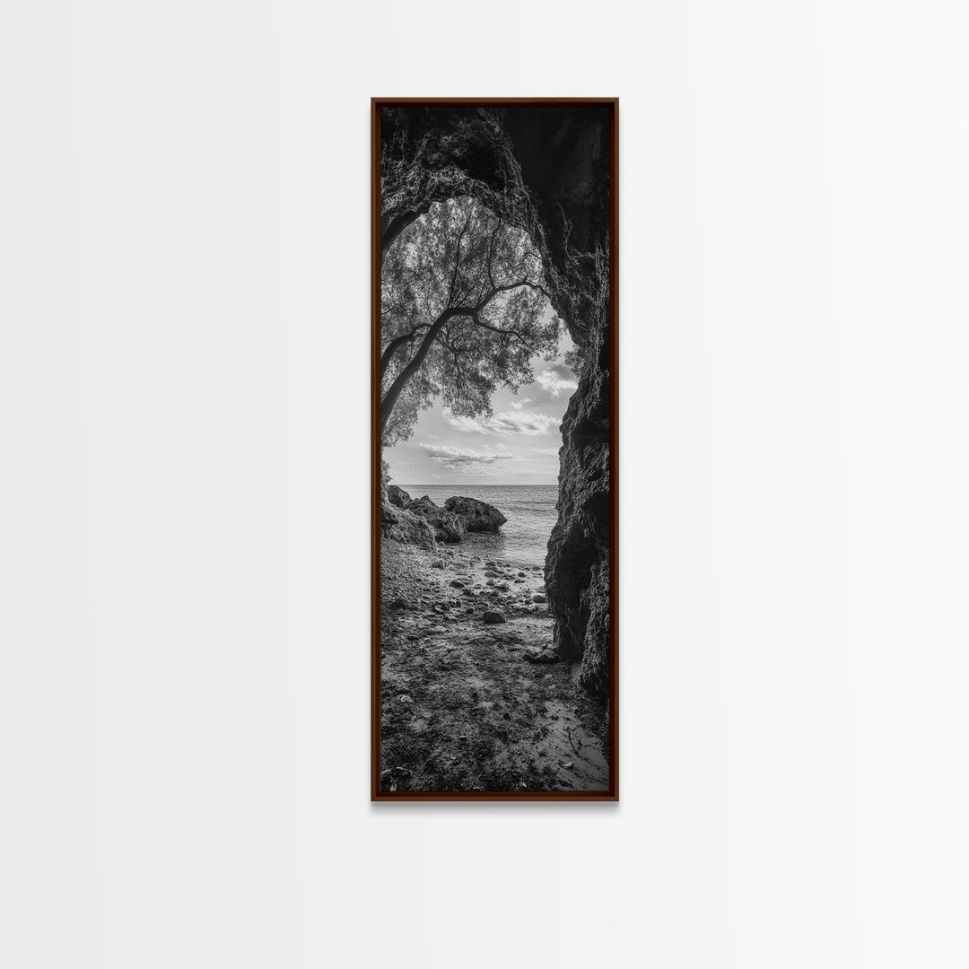 Cave View, Coastal Tree, Ocean Horizon, Black and White Landscape, Canvas Print, Rustic Seaside Art, Living Room Art, Entry Wall Decor