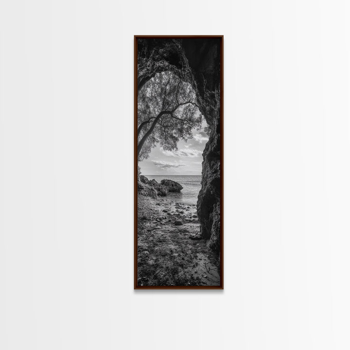 Cave View, Coastal Tree, Ocean Horizon, Black and White Landscape, Canvas Print, Rustic Seaside Art, Living Room Art, Entry Wall Decor