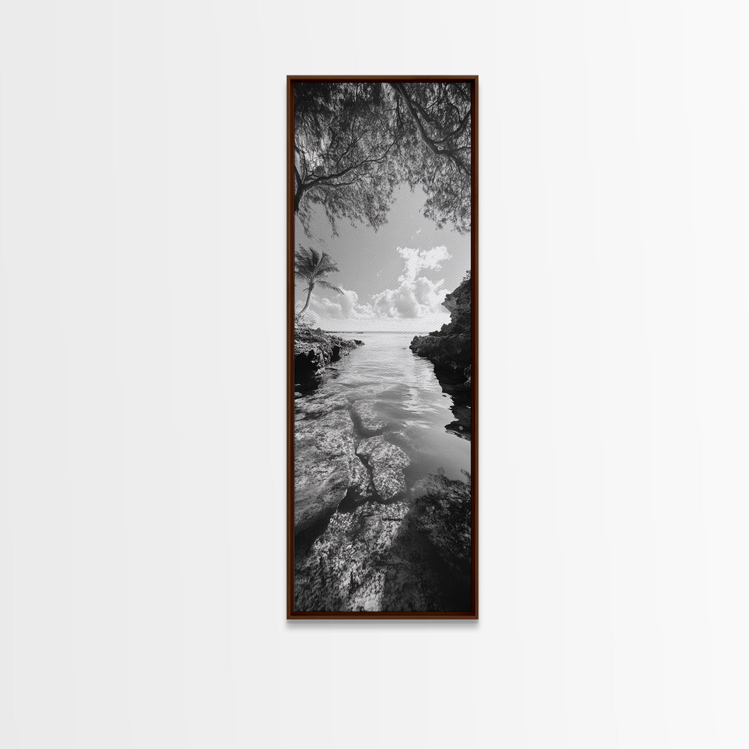 Island Cove, Palm Tree, Peaceful Sea, Tropical Coastline, Black and White Framed Canvas Print, Boho Beach Wall Art, Bathroom Decor