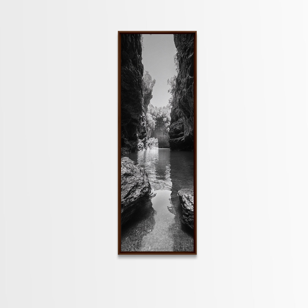 Cliff Canyon, Tranquil Water, Forest Reflection, Natural Pool, Framed Canvas Print, Black and White Nature Art, Spa Print, Hallway Decor