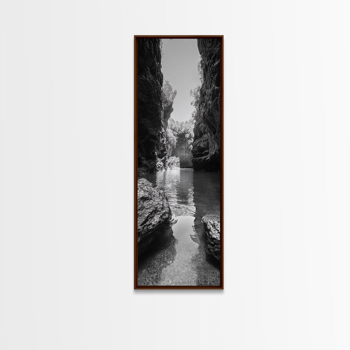 Cliff Canyon, Tranquil Water, Forest Reflection, Natural Pool, Framed Canvas Print, Black and White Nature Art, Spa Print, Hallway Decor