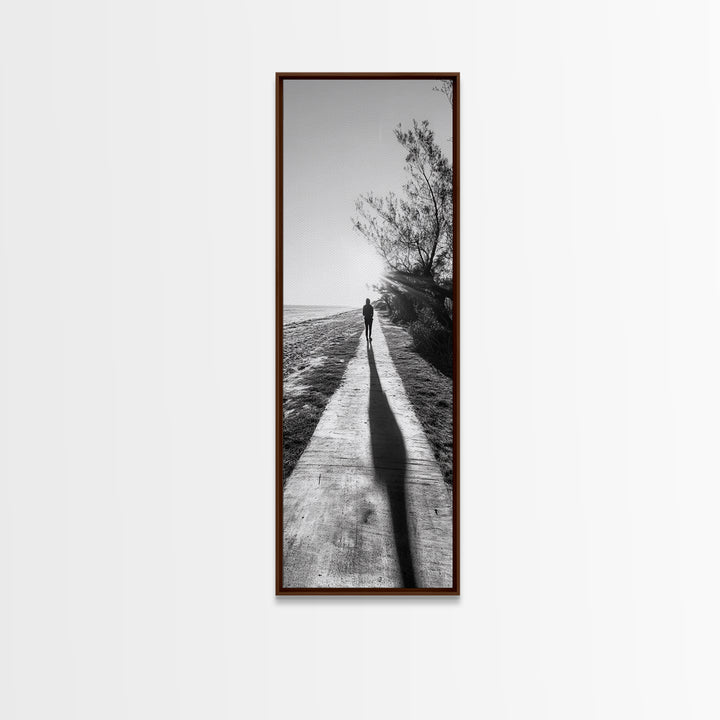 Walkway Shadows, Coastal Path, Minimalist Silhouette, Black and White Art, Framed Canvas Print, Hallway Decor, Calm Modern Wall Art