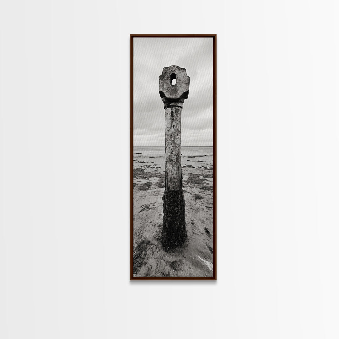 Driftwood Totem, Coastal Pillar, Ocean Beach Monochrome, Framed Canvas Print, Rustic Wall Art, Boho Bedroom Decor, Nature Photography