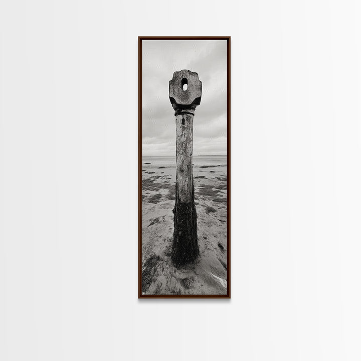 Driftwood Totem, Coastal Pillar, Ocean Beach Monochrome, Framed Canvas Print, Rustic Wall Art, Boho Bedroom Decor, Nature Photography