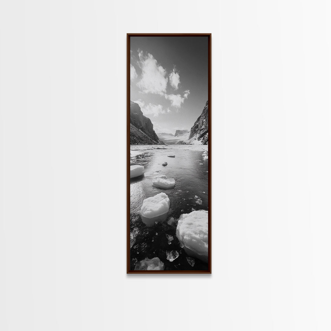 Arctic River, Snowy Mountains, Glacier Melt, Framed Canvas Print, Winter Landscape Art, Modern Living Room Decor, Nordic Aesthetic