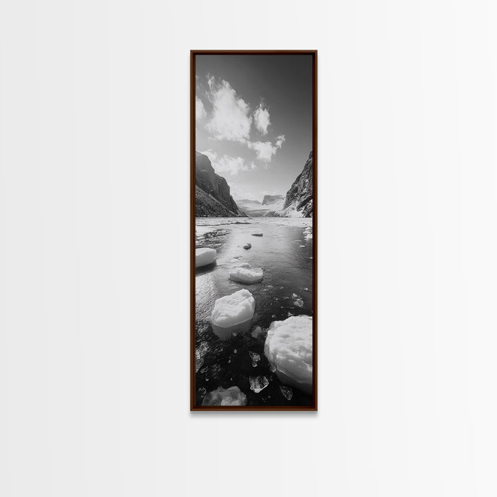 Arctic River, Snowy Mountains, Glacier Melt, Framed Canvas Print, Winter Landscape Art, Modern Living Room Decor, Nordic Aesthetic
