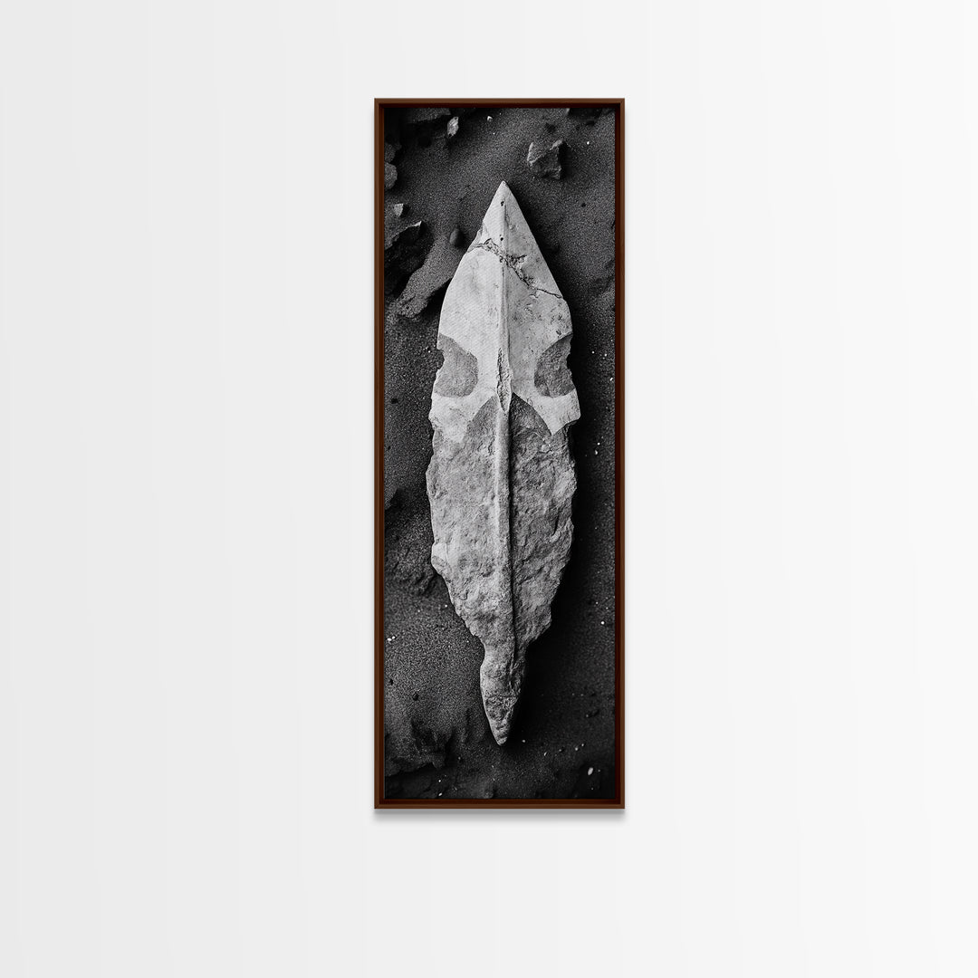 Ancient Arrowhead, Primitive Stone, Monochrome Artifact, Framed Canvas Print, Masculine Office Art, Boho Study Decor, Earthy Design